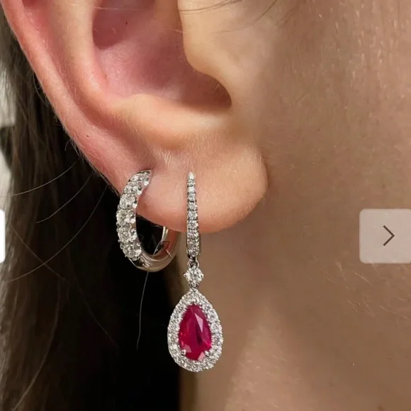 Pear cut red ruby halo and drop earrings - Picture 5 of 5